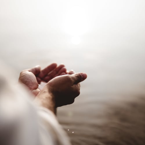 Person cupping river water in hands.