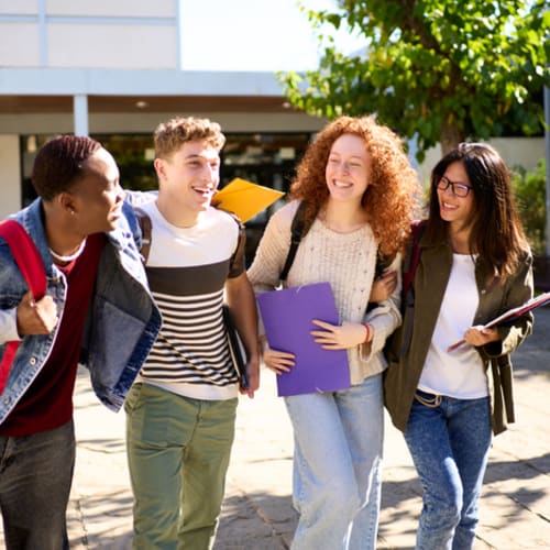 small group of students walking and laughing