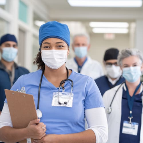 A portrait of a multi ethnic group of healthcare professionals consisting of doctors and nurses at the hospital. A female nurse of African descent is standing in front of the team. Everyone is wearing a face mask and looking at the camera.