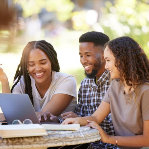 Students, friends and group studying with laptop at park outdoors. Education scholarship, learning teamwork and happy people, black man and women with computer for research at university or college. - stock photo