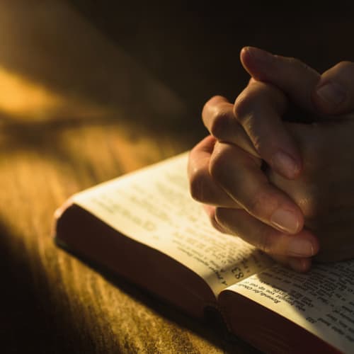 Close up of hands clasped on open Bible - stock photo