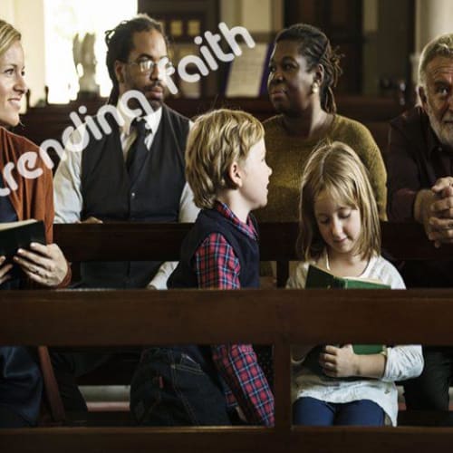 Family sits in church before service starts