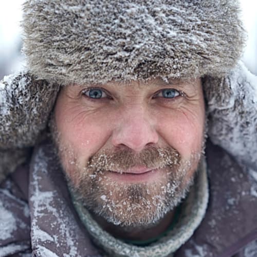 Model as Christian fiction author Ivan Denisovich in winter clothes