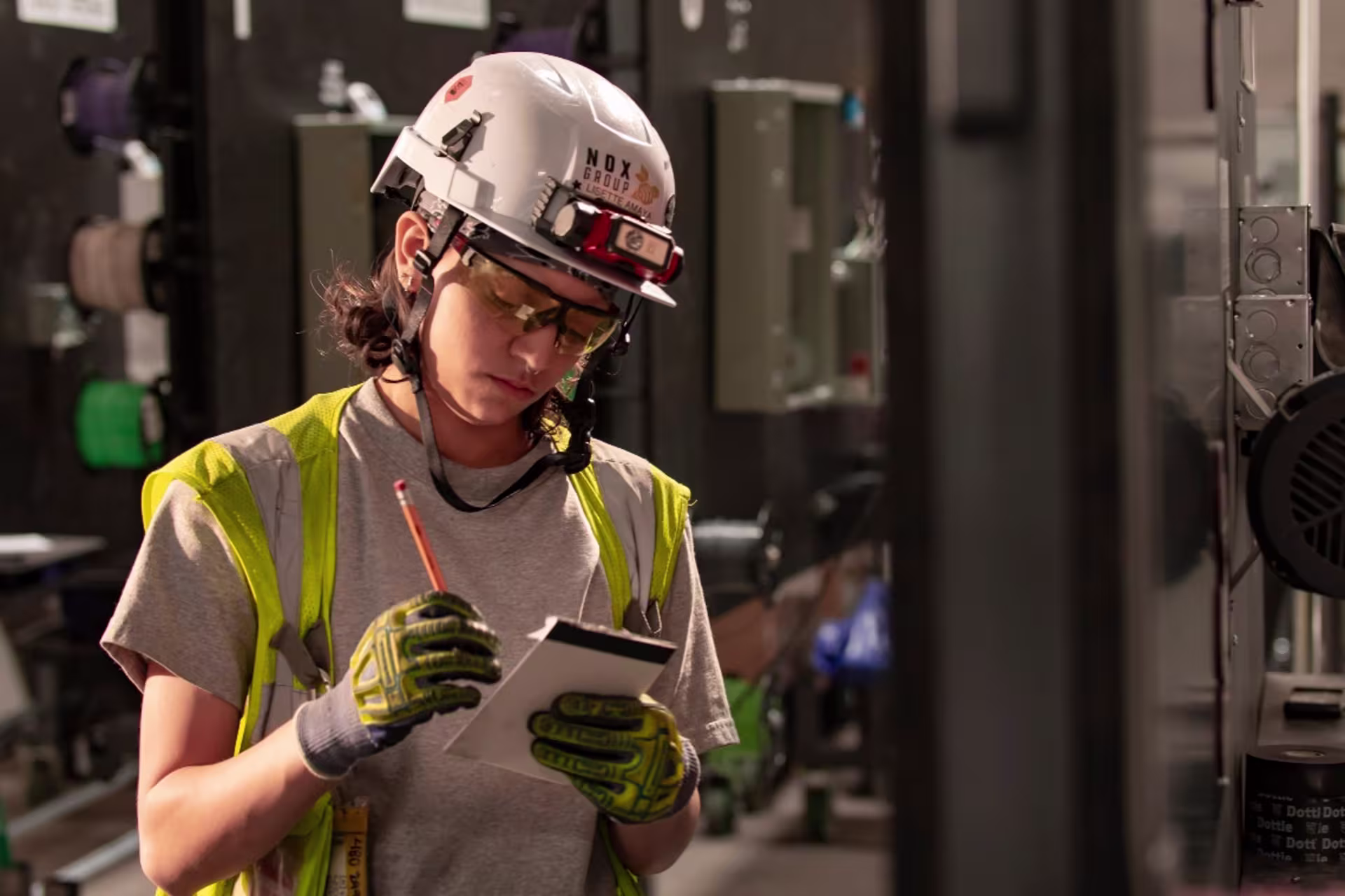 Engineering student in hard hat working in manufacturing 