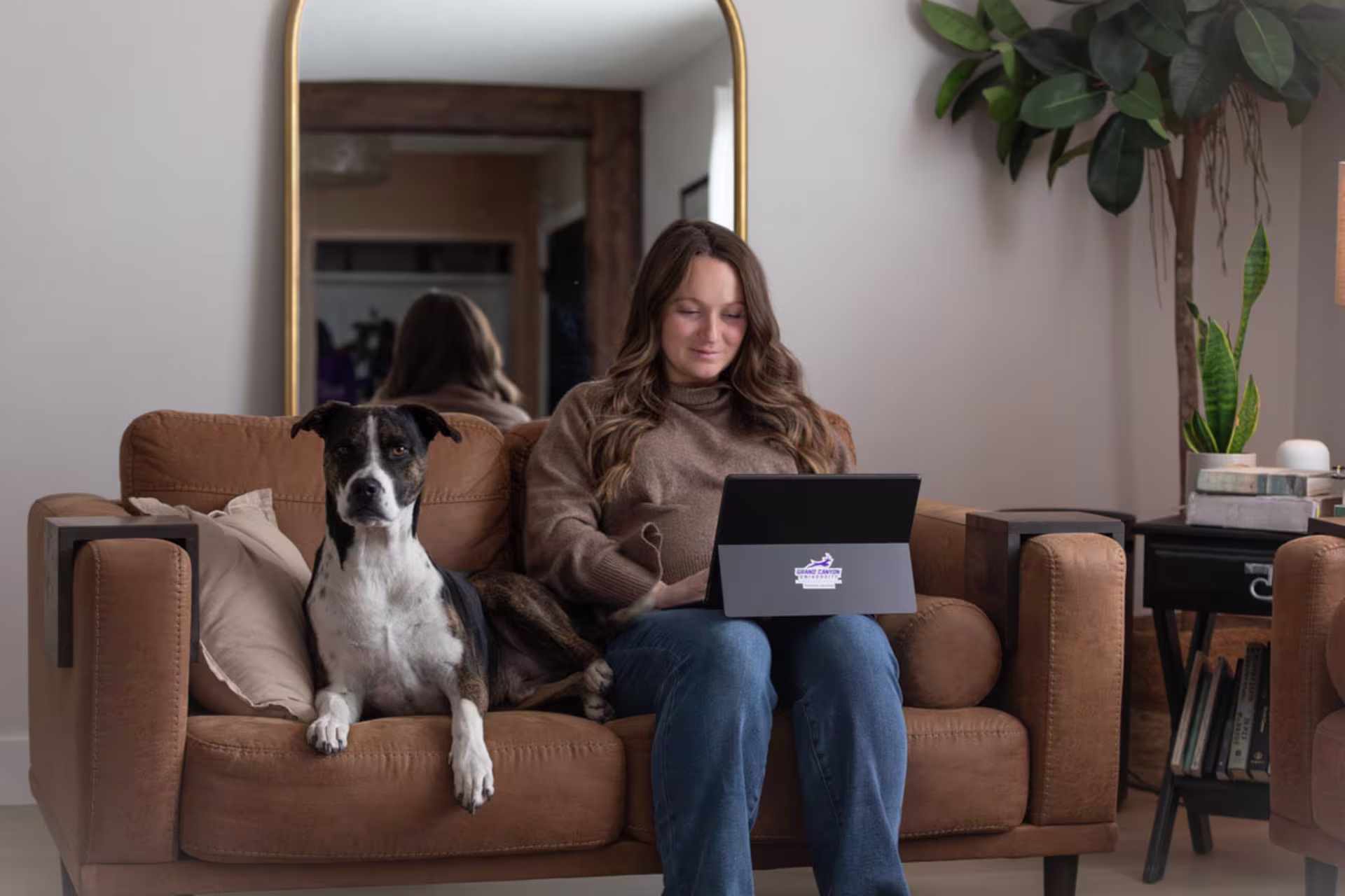 Female elementary education student studying on laptop on couch inside with dog beside her