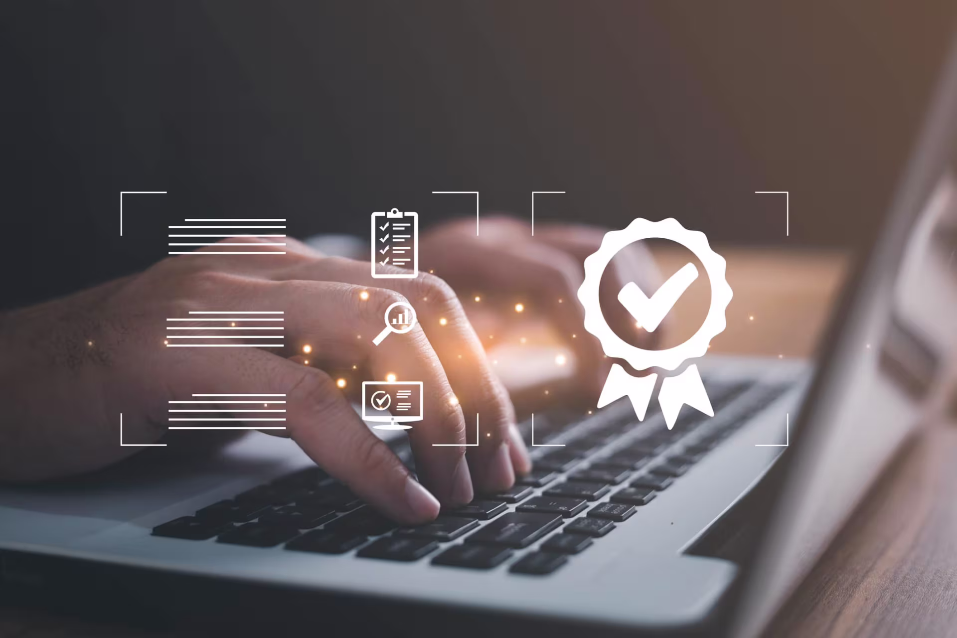 A person on a laptop with certificate award symbols highlighted.