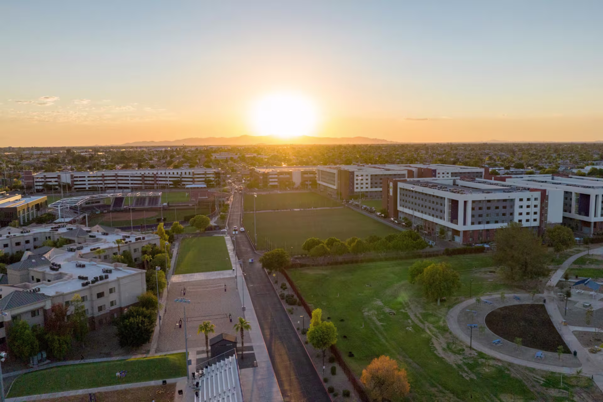 aerial view of campus behind the gcu student union to baseball fields