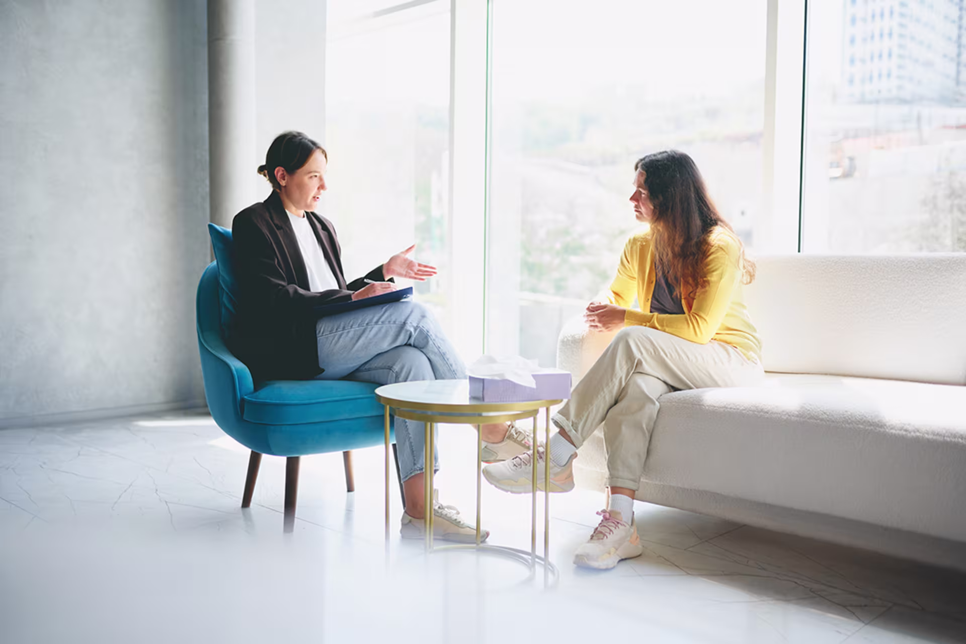 Female clinical psychologist meets with a new female patient in a well-lit office with natural sunlight flooding the room