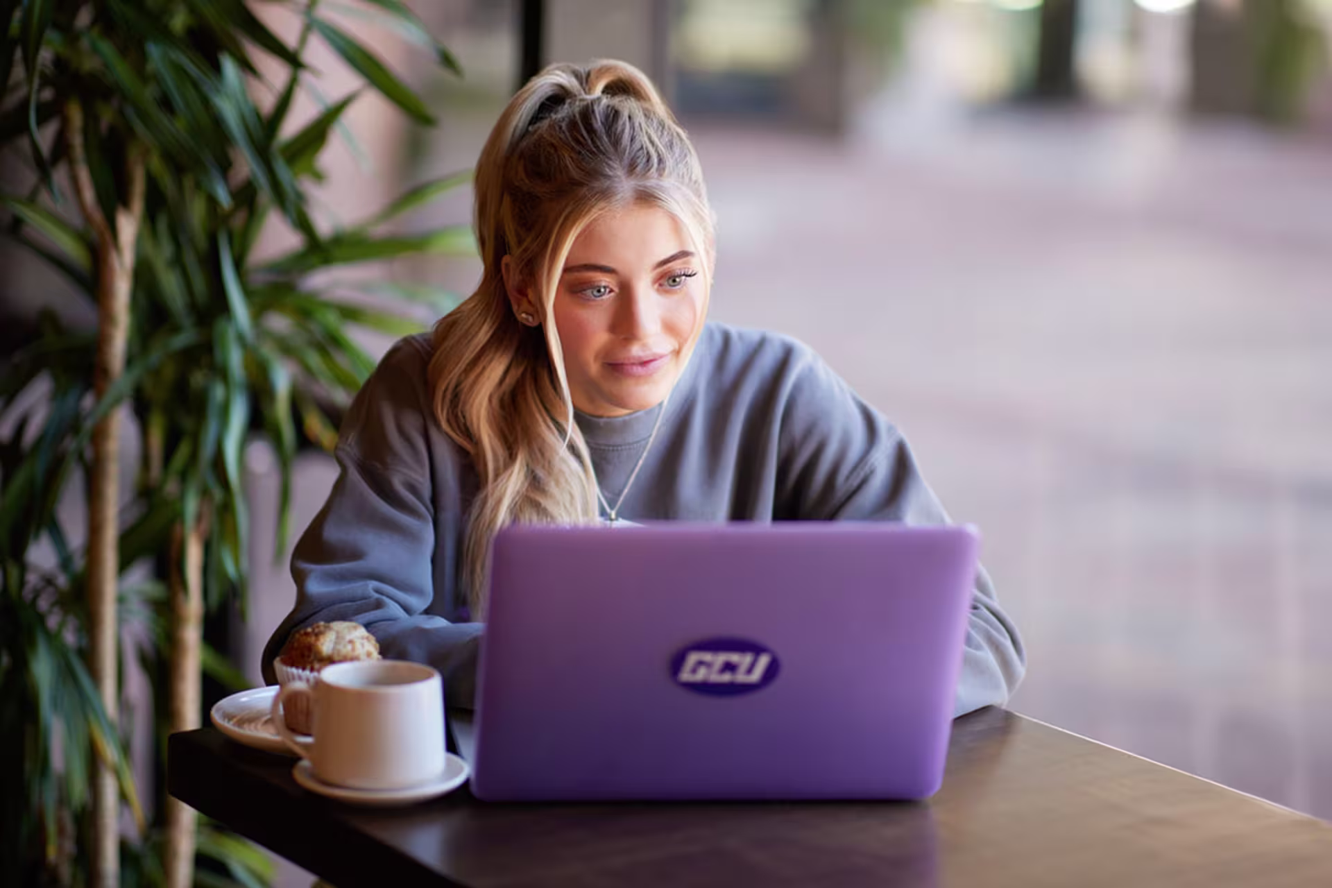 Female student studying on laptop in a coffee shop