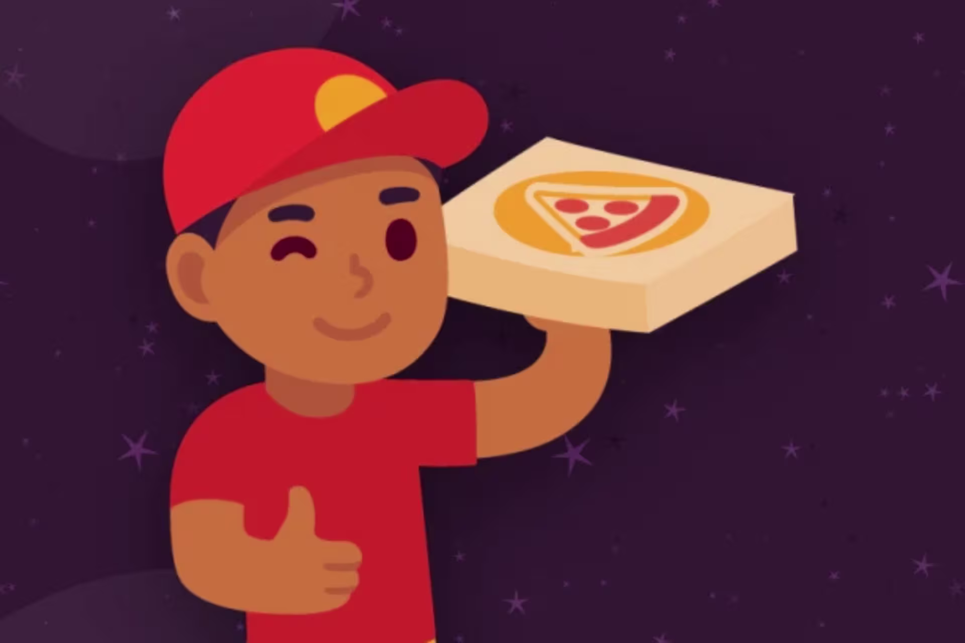 Cartoon image of male holding a pizza box up and winking with thumbs up