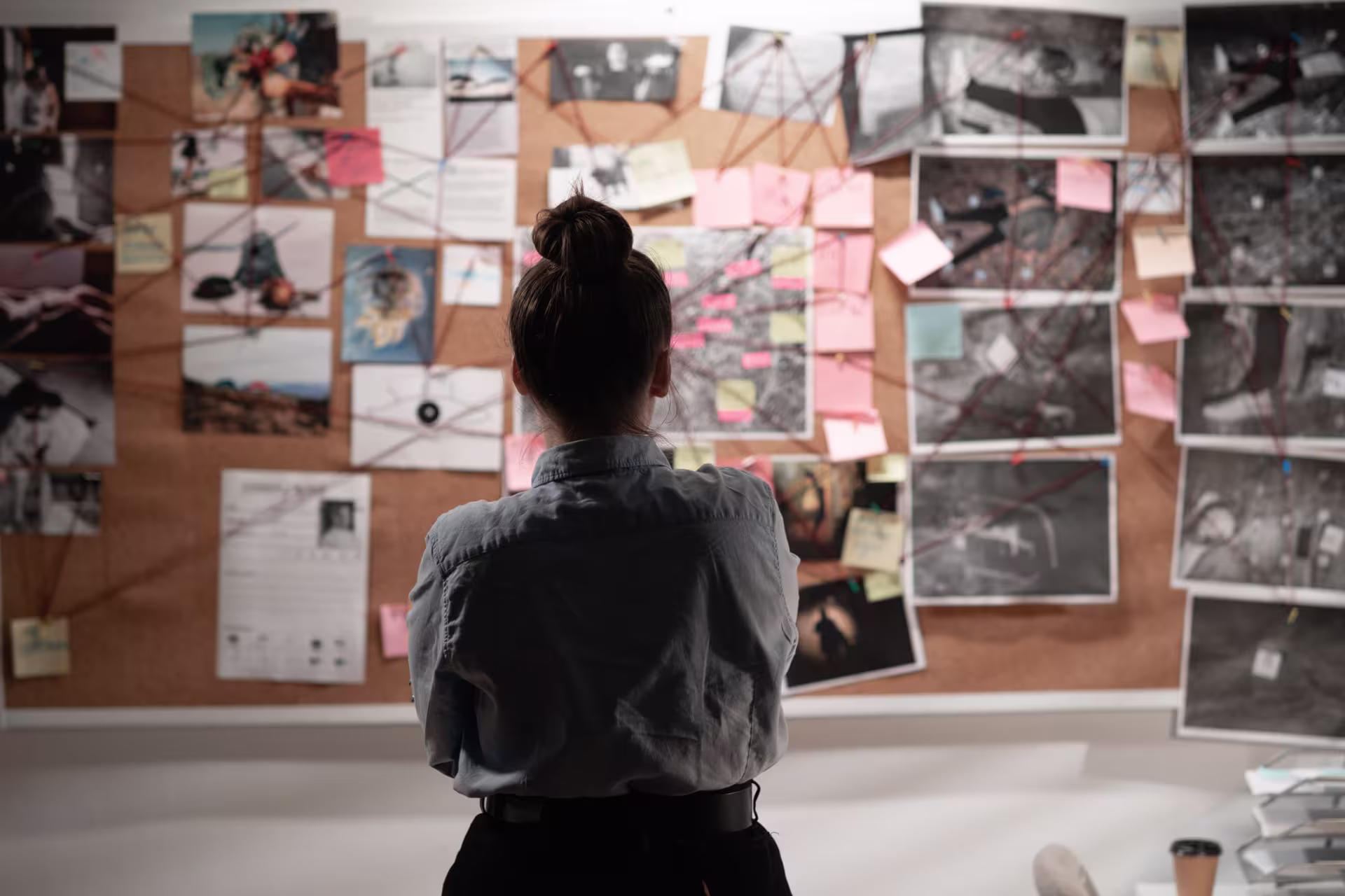 Person stands in front of a corkboard covered with photos, documents, and notes connected by strings.