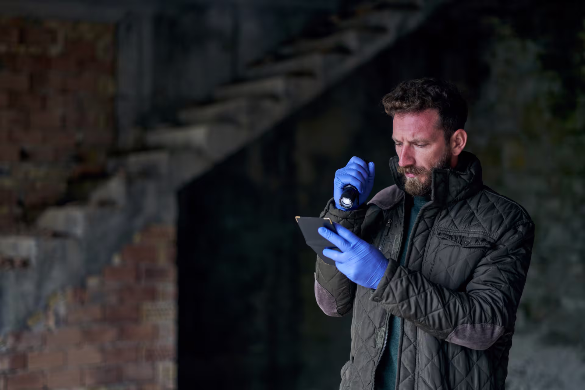 Man investigates a wallet with a flashlight in blue gloves.