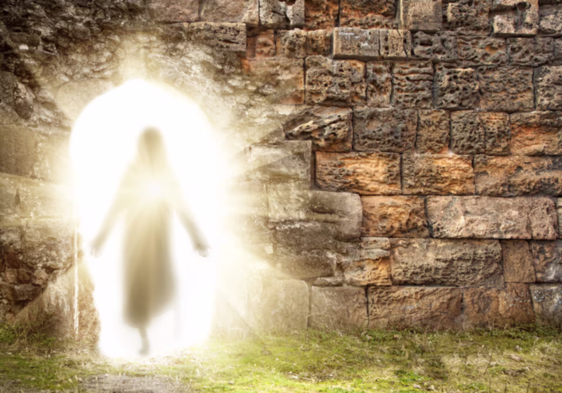 Depiction of the resurrection of Jesus with a bright light in a stone wall