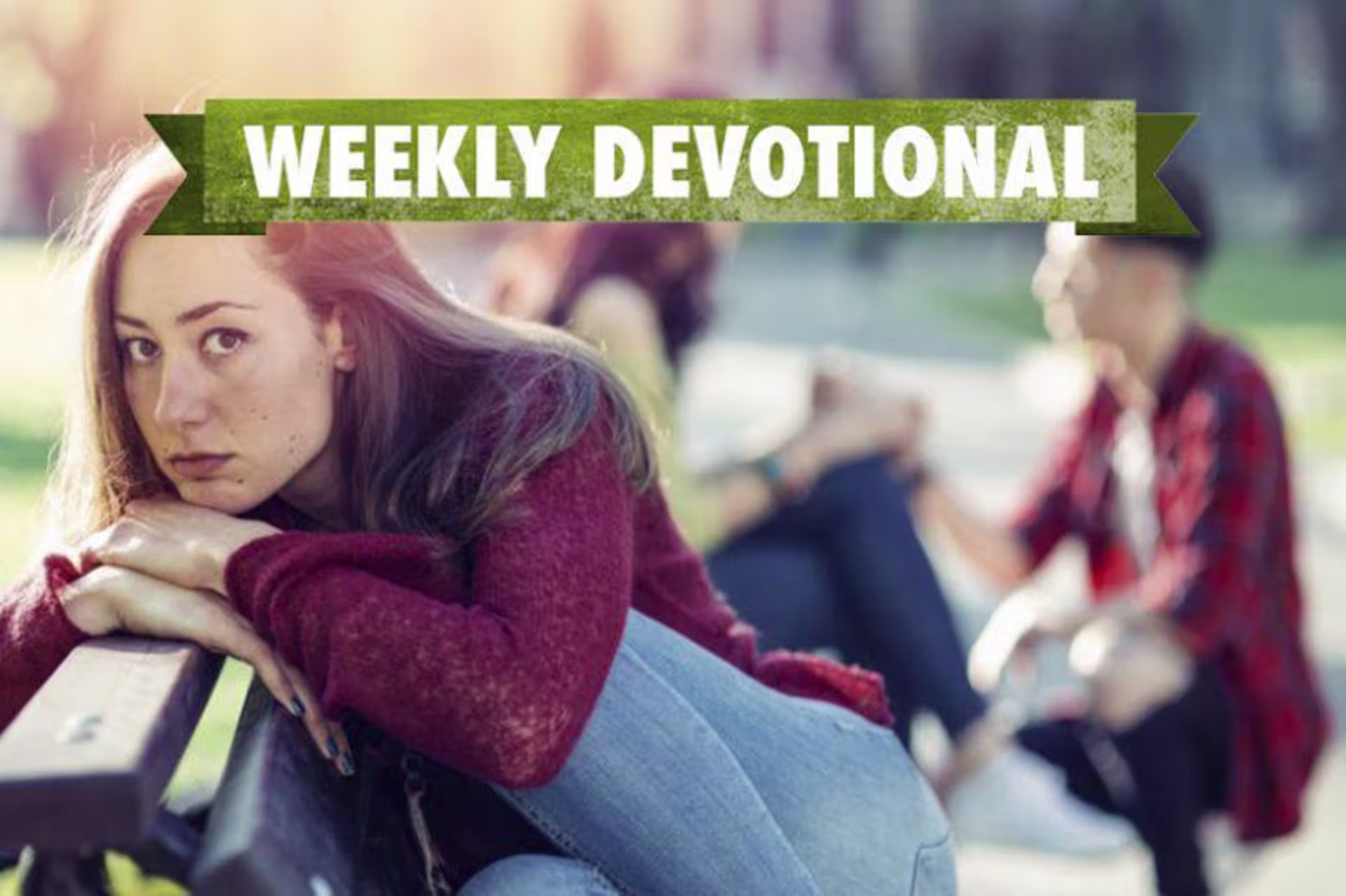 Woman looking sad with couple talking in background