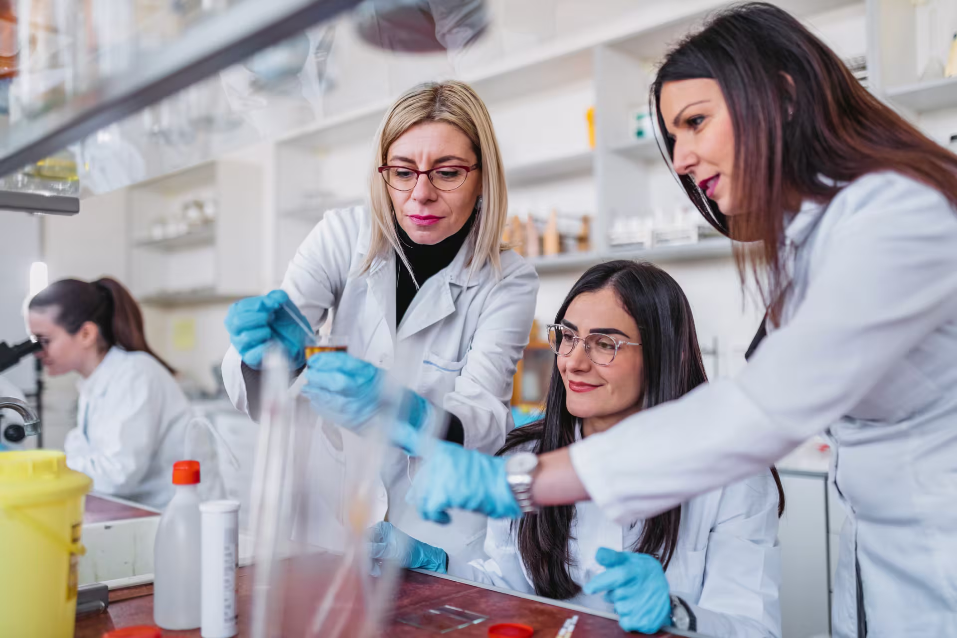 Forensic science students working in a lab