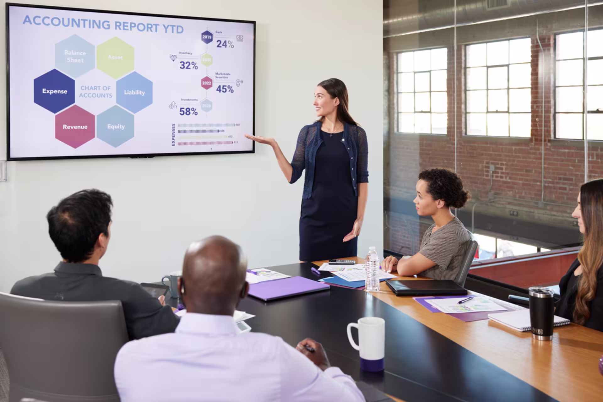 woman presents accounting report to business group in conference room