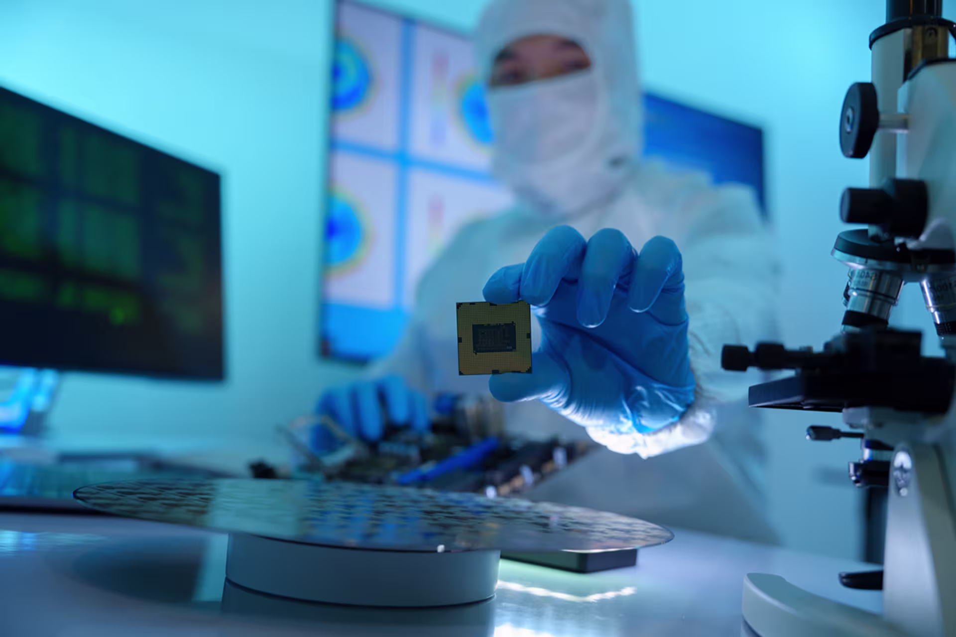 Semiconductor worker in full PPE holds up a microchip created in the semiconductor manufacturing facility.