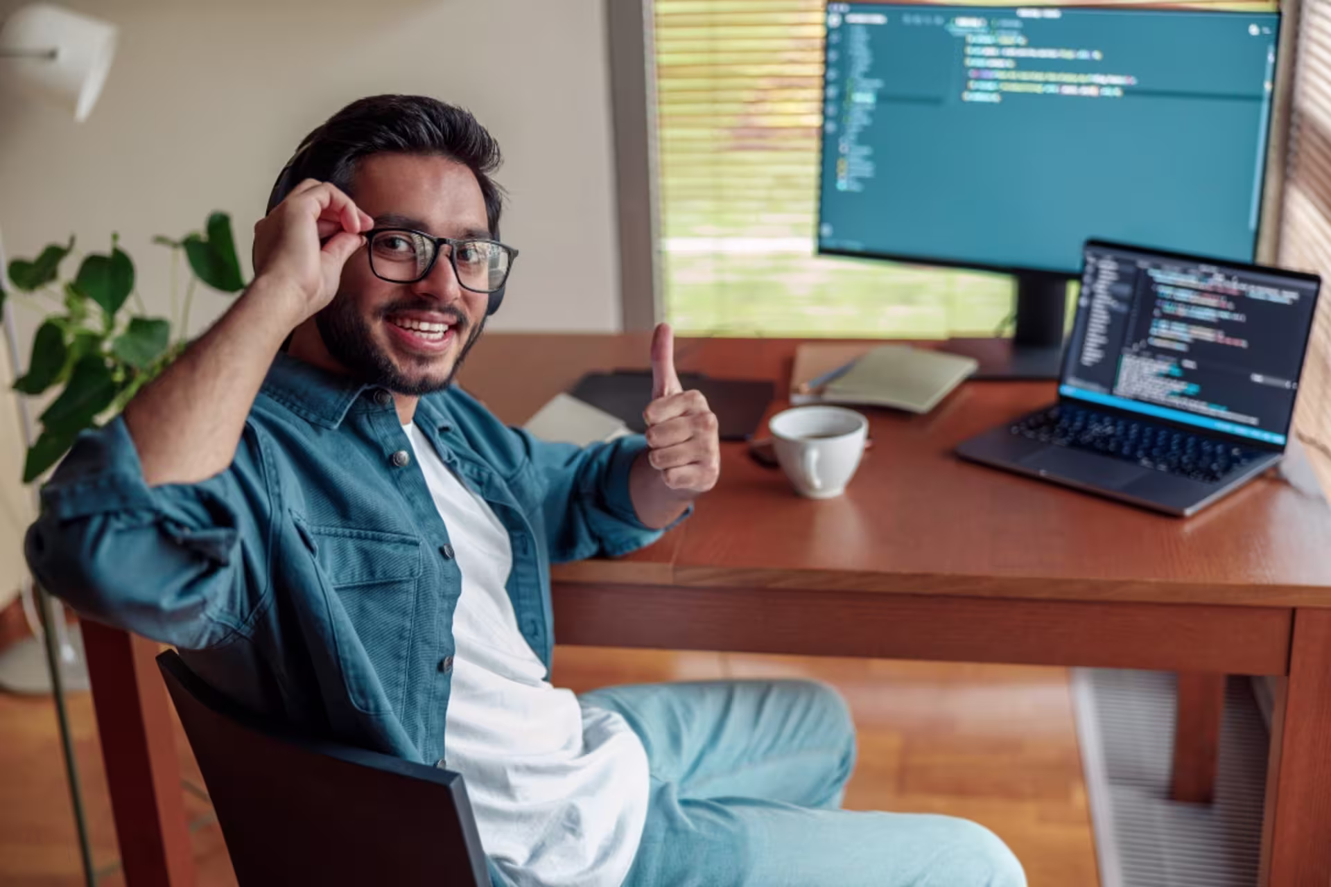A smiling man wearing glasses and a denim shirt gives a thumbs-up while sitting at a desk in a home office with a laptop and a large monitor displaying Java programming code.