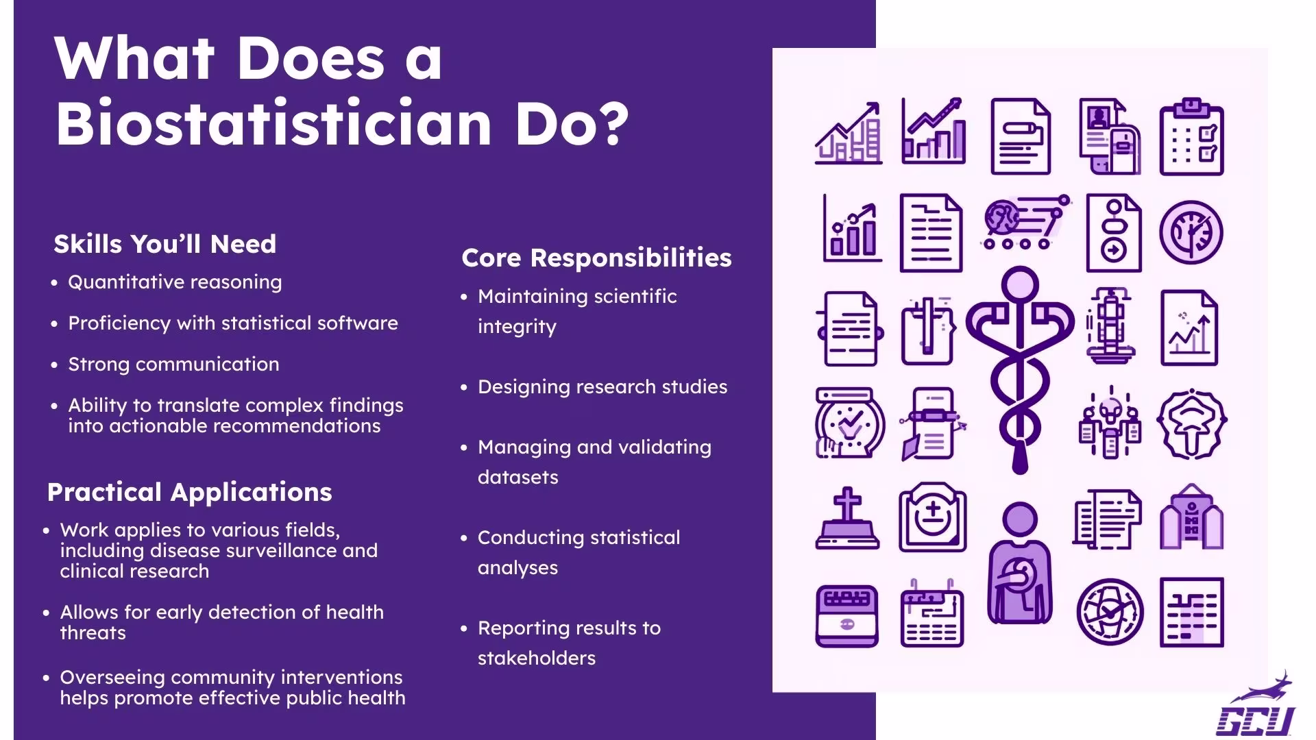Infographic titled “What Does a Biostatistician Do?” outlining key skills, core responsibilities and practical applications, with healthcare and data‑analysis icons.