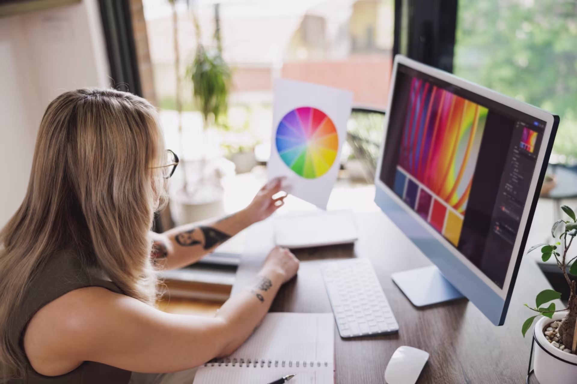 A graphic designer holds a color wheel by a computer to create digital artwork.