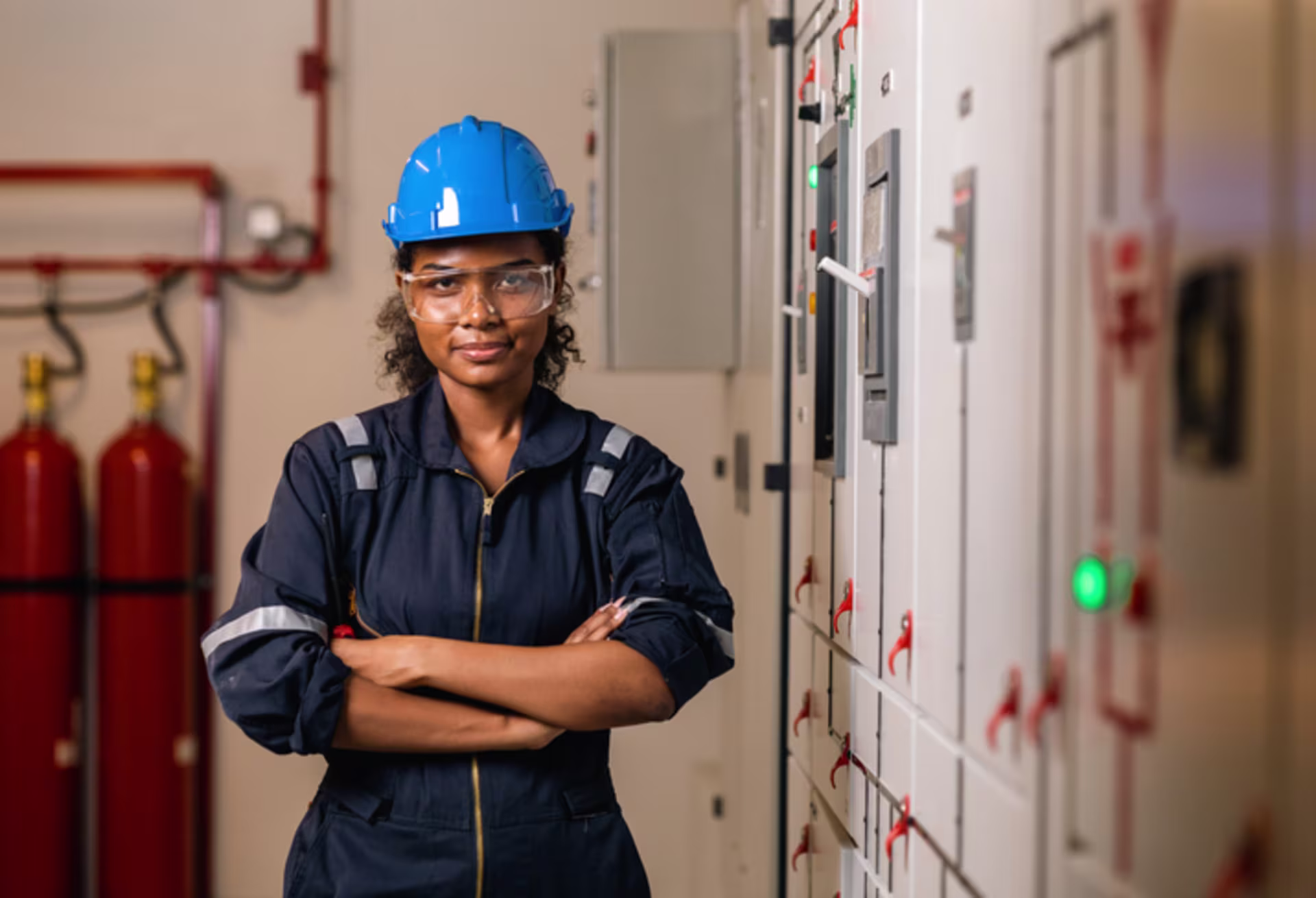 A female systems engineering professional wearing a hard hat and blue coveralls, stands confidently in an industrial control room, representing hands-on systems engineering work and safety-focused technical environments.