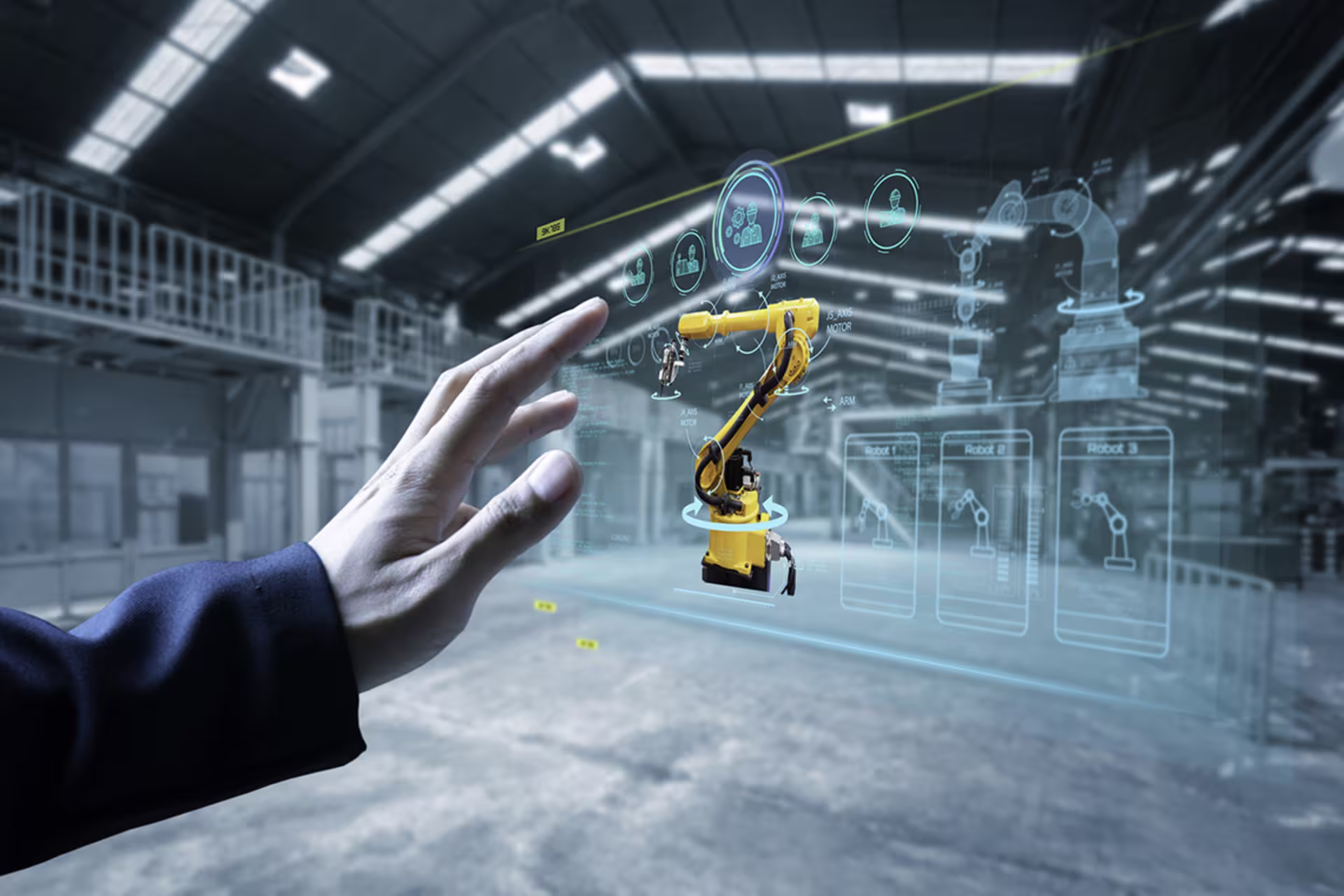 A digital twin interface to control an industrial robotic arm in a smart manufacturing facility using augmented reality technology.