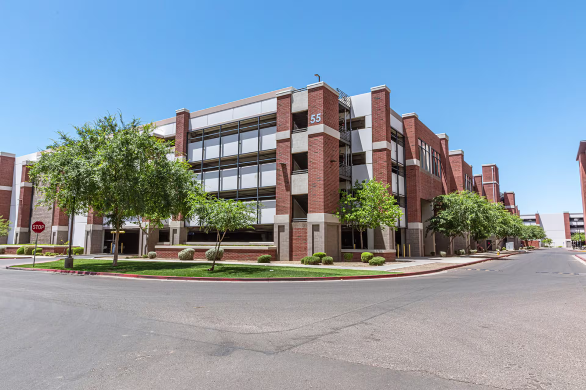 Exterior look of a parking garage building structure number 55 on GCU's main campus.