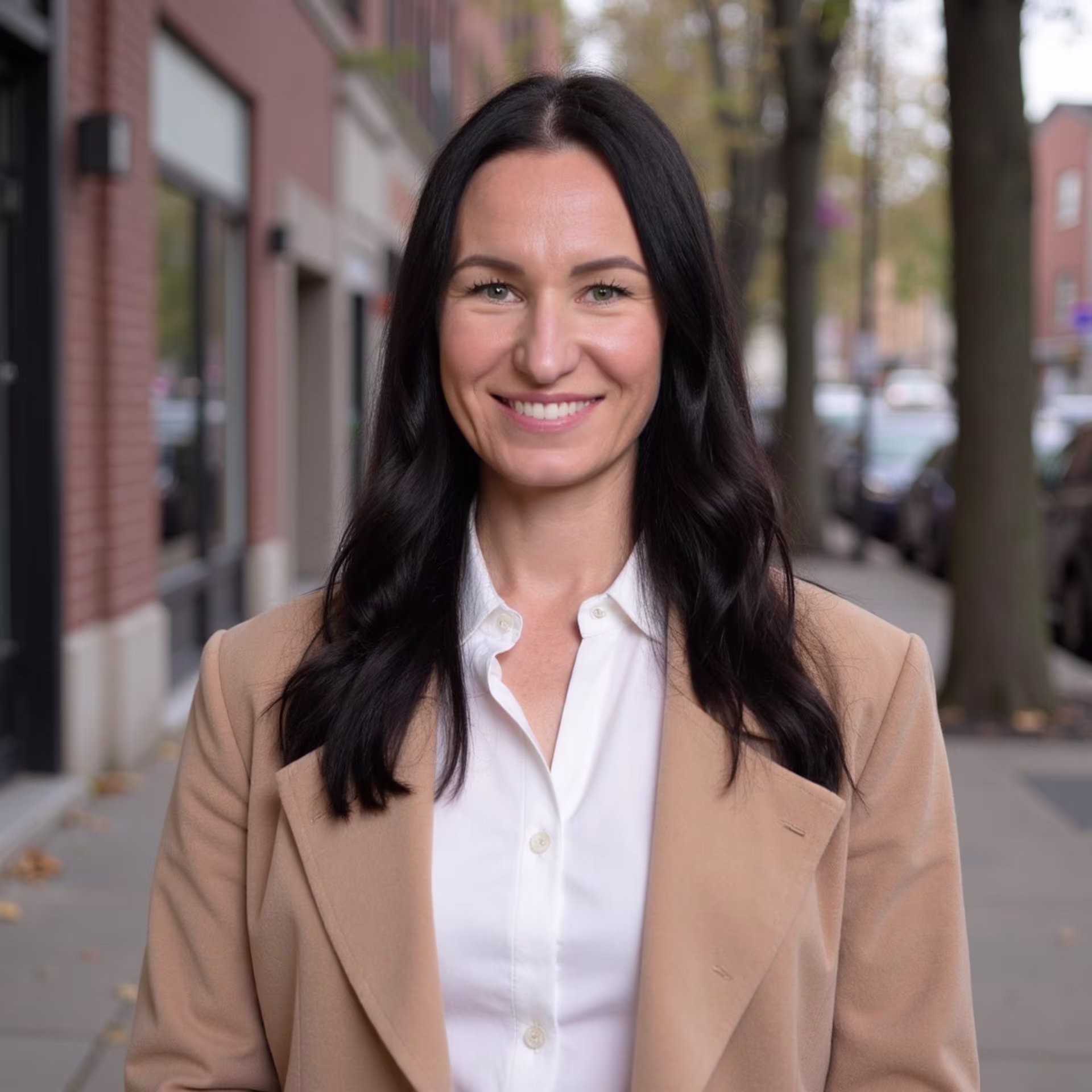 A professional headshot shows Dr. Lily Skots with long dark hair wearing a light blazer over a white shirt, standing outdoors on a sidewalk with buildings and trees in the background.