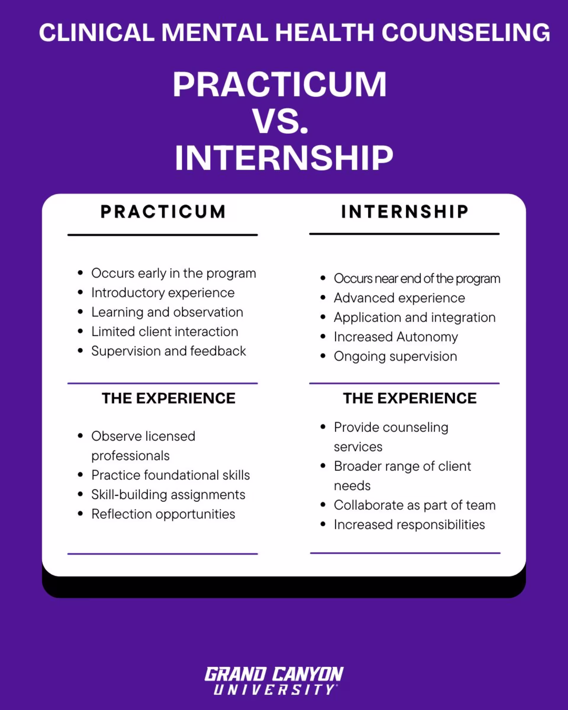 Infographic depicting the key differences between a practicum and internship.