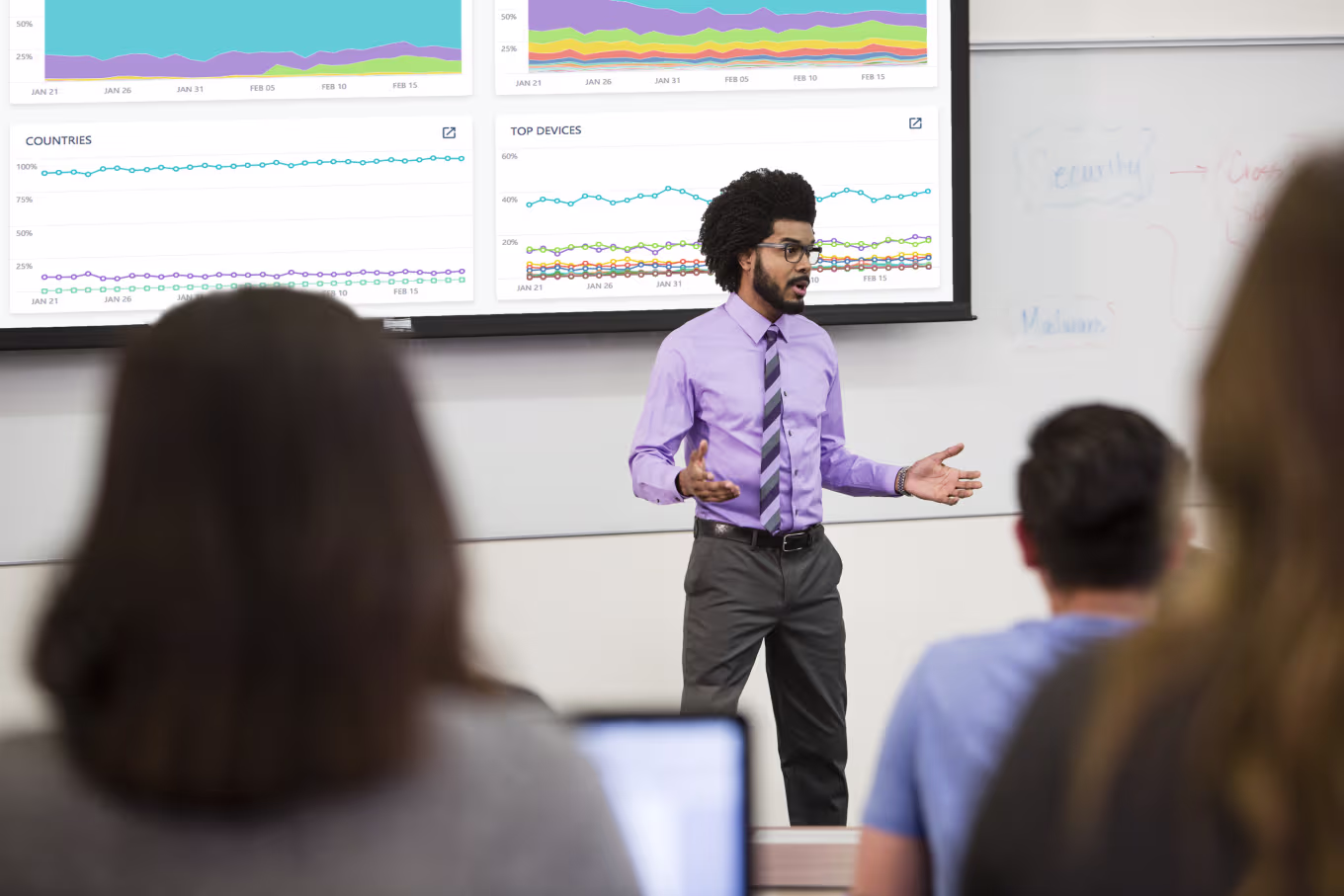 Male cybersecurity instructor speaking in front of charts on screen in class