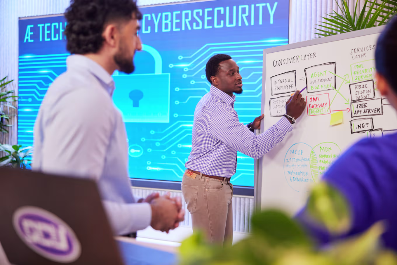Group of male cybersecurity professionals collaborating in office