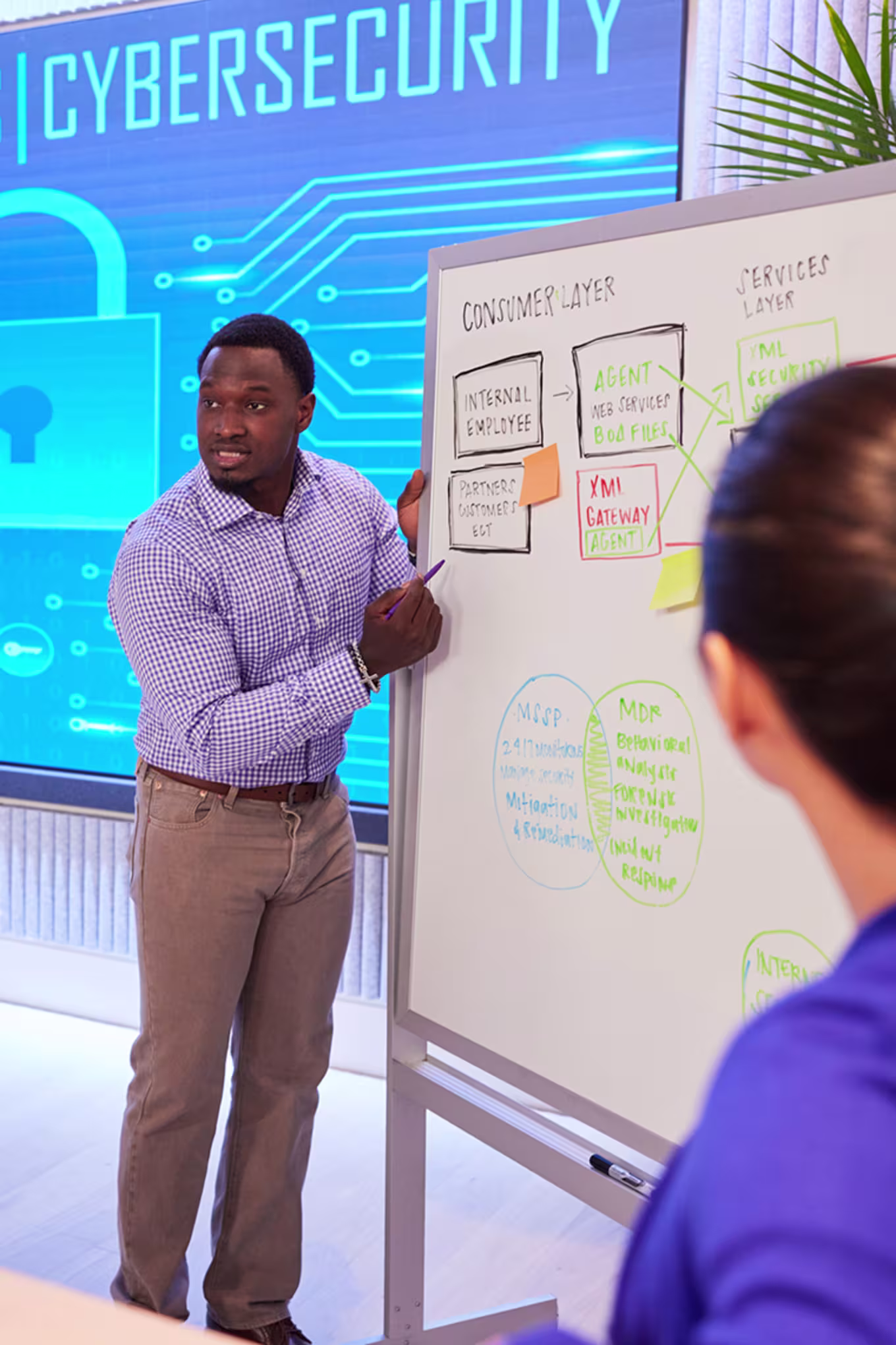 Male cybersecurity certificate student presenting to peers by using whiteboard
