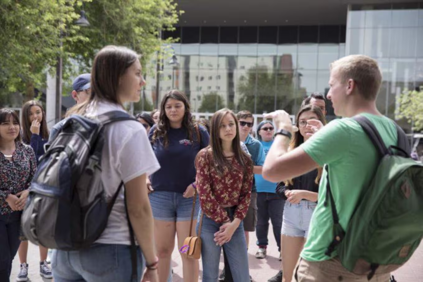 A group of students touring campus