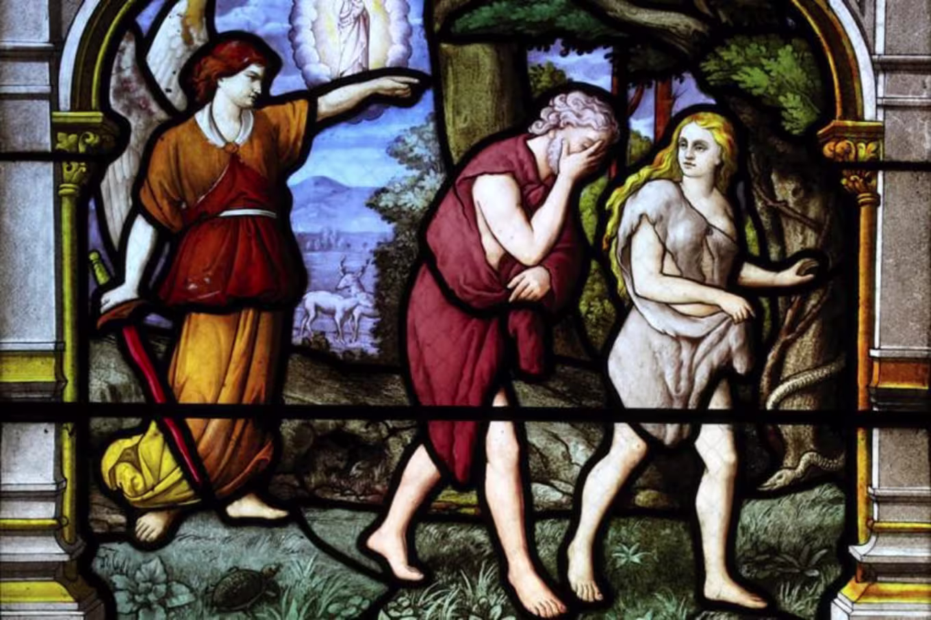 A stained glass image of Adam and Eve