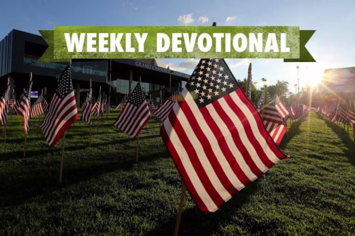 An American flag with the Weekly Devotional banner