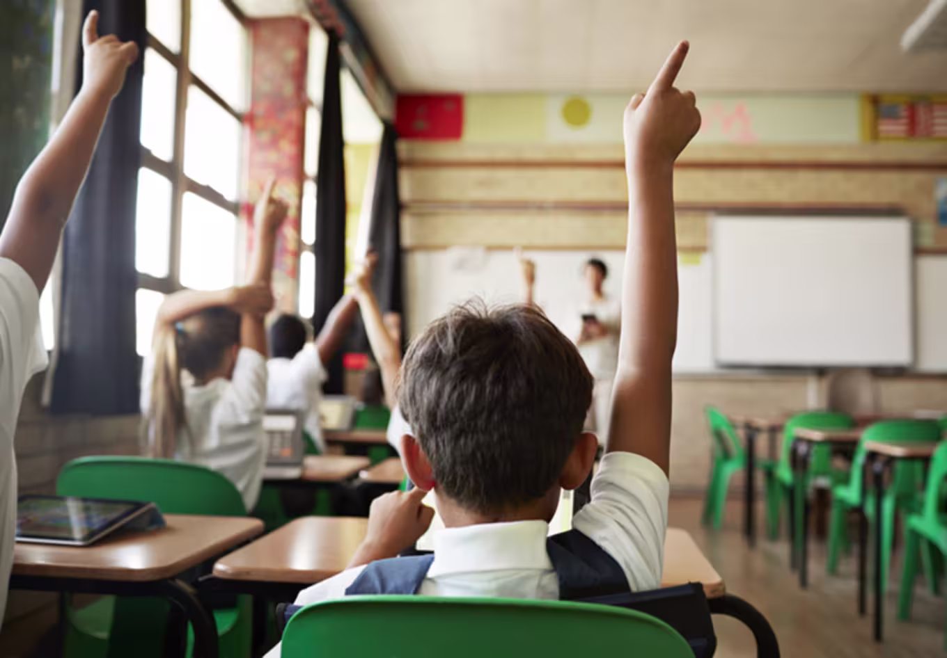 young male student raising hand in classroom alongside other students