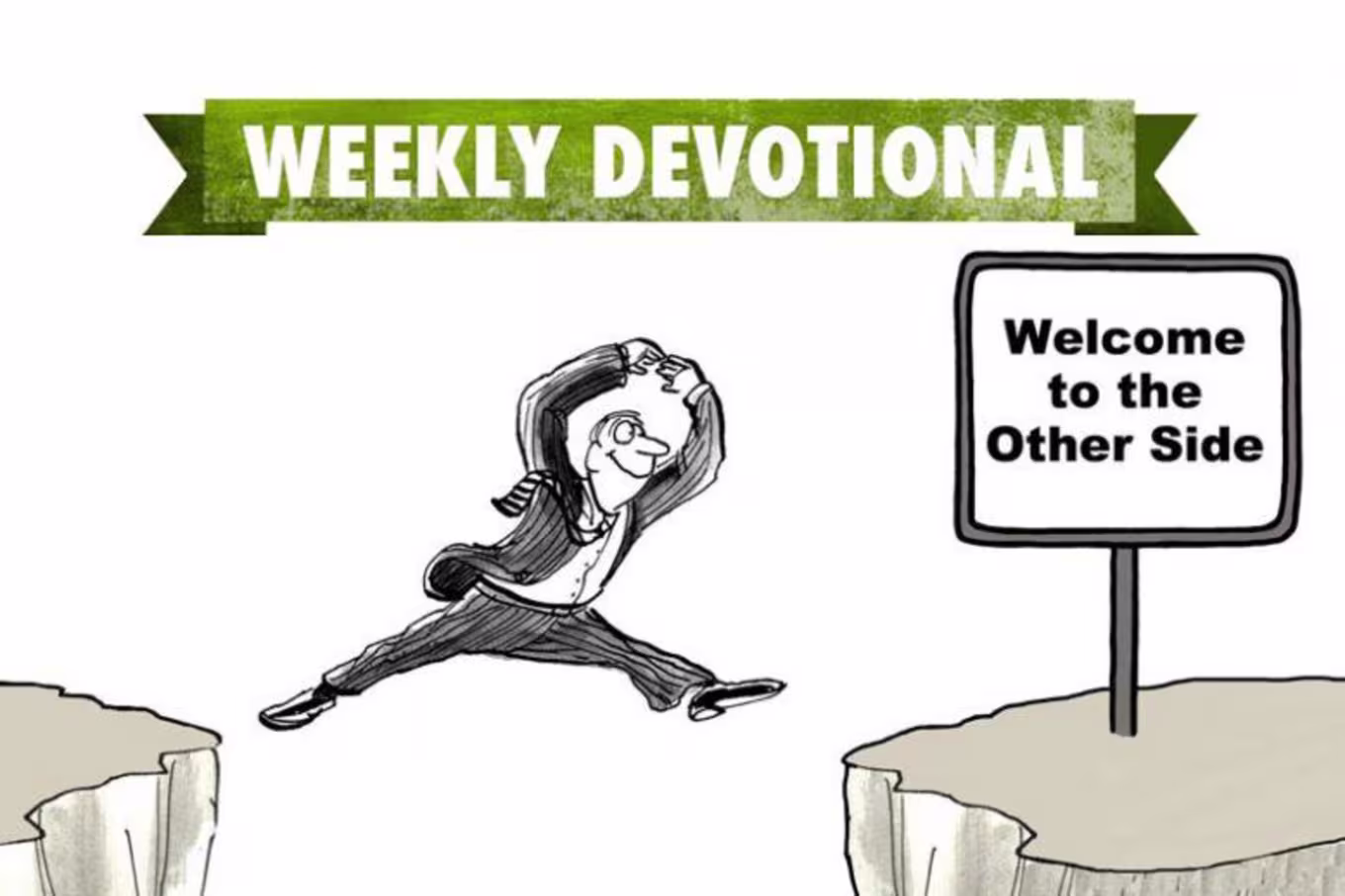 person jumping over cliff with weekly devotional banner