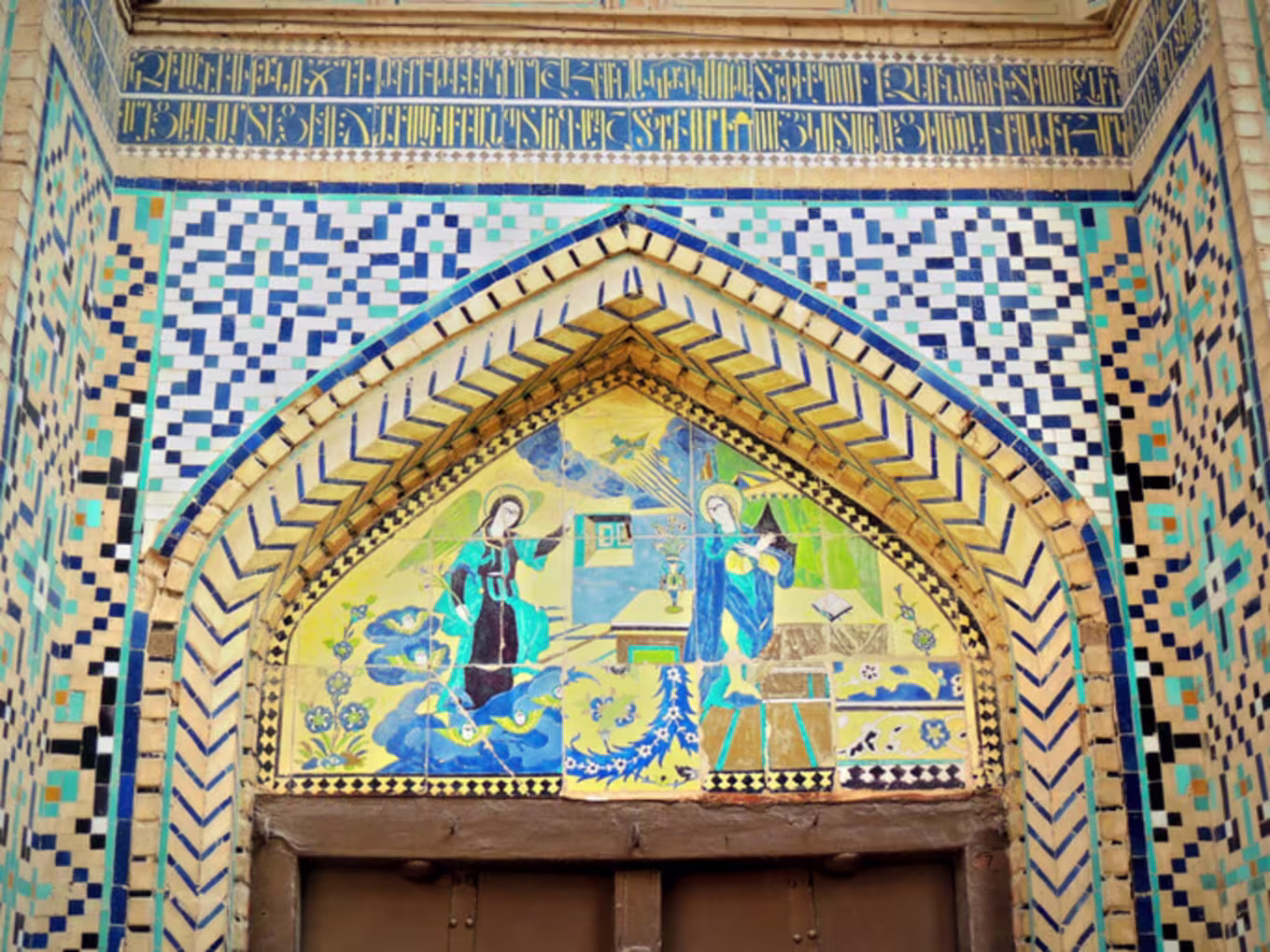 Colorful mosaic tiles form picture in cathedral