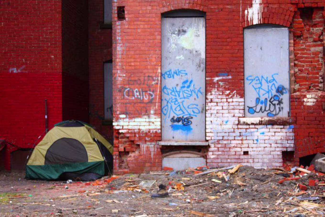 Tent set up in a rundown part of town