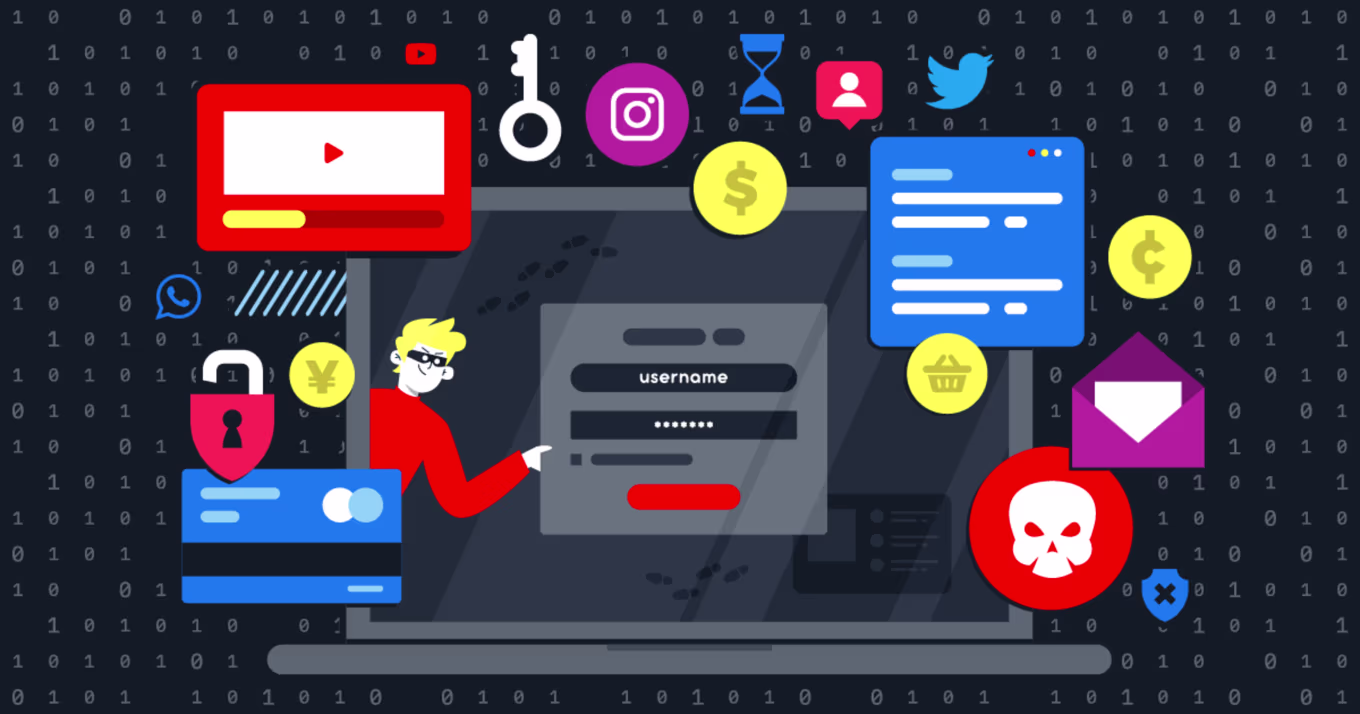 Graphics showing animated images of numbers, cybersecurity and data symbols and social media logos