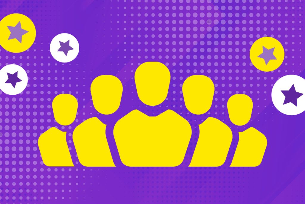 Purple graphic with people in yellow