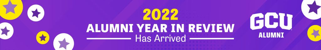 2022 Alumni Year in Review purple banner with stars
