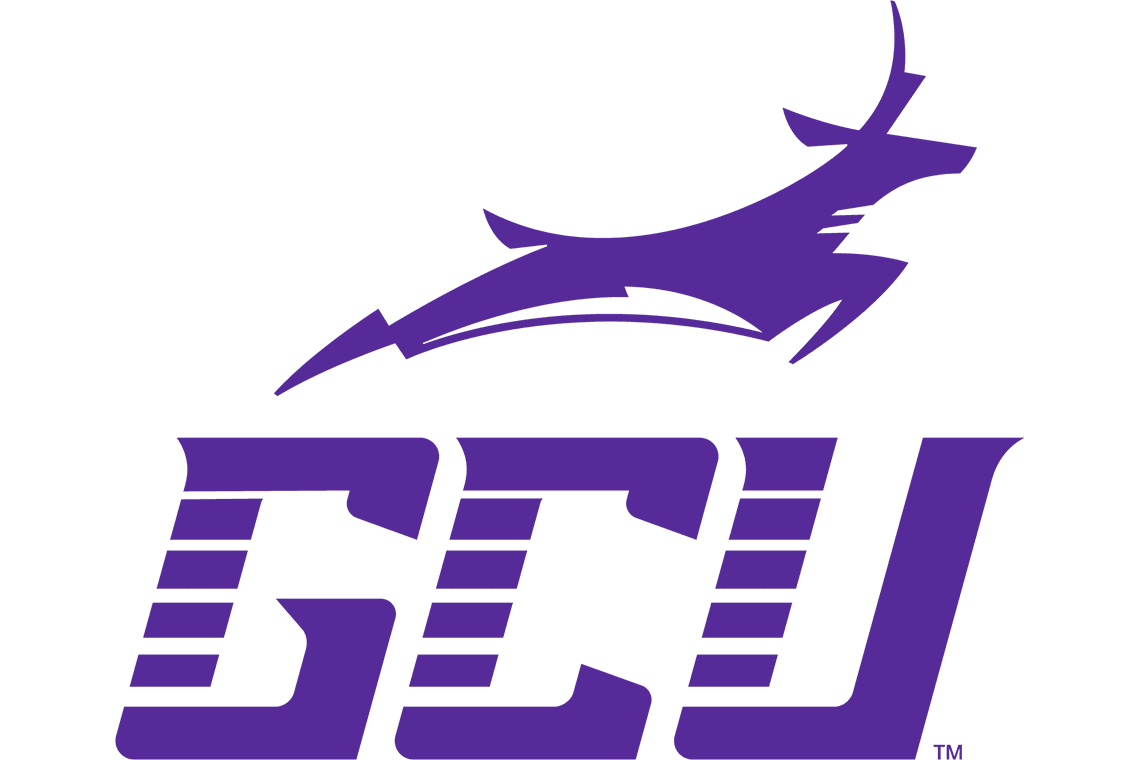 Purple GCU logo text with speed stripes and purple antelope on top