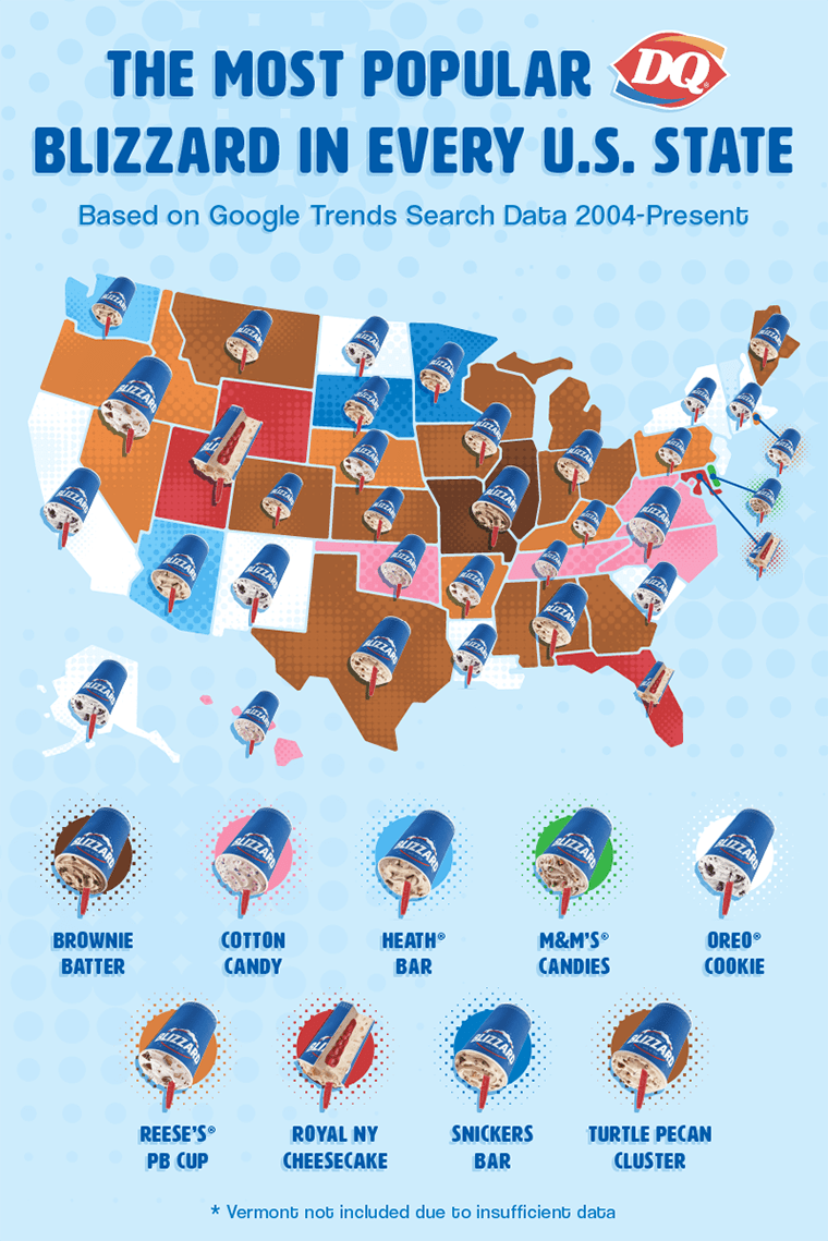 U.S. map showing the most popular Dairy Queen Blizzard flavor in every state