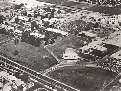 Black and white image of GCU's campus in the 70s