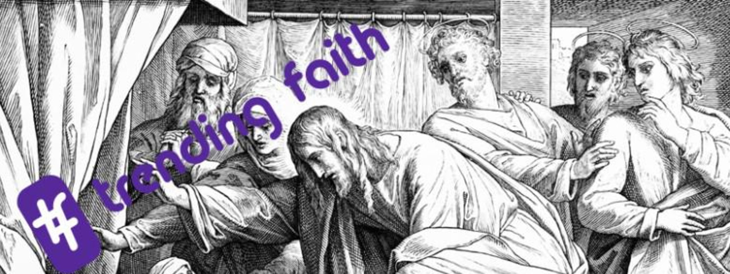 Trending faith logo over an illustration of Jesus healing others