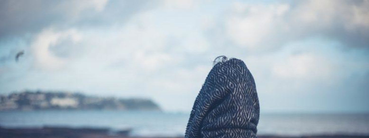 Back of hooded individual looking out at a barren landscape