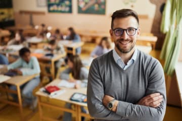 Smiling male teacher standing in front of elementary classroom