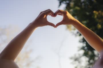 Two hands come together to form a heart shape against a beautiful backdrop of a clear sky and tree branches. - stock photo