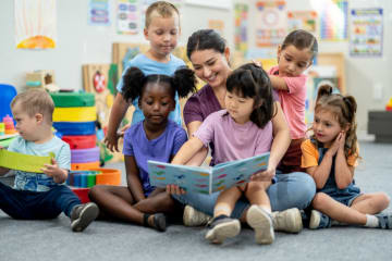 Teacher reading to young students in classroom
